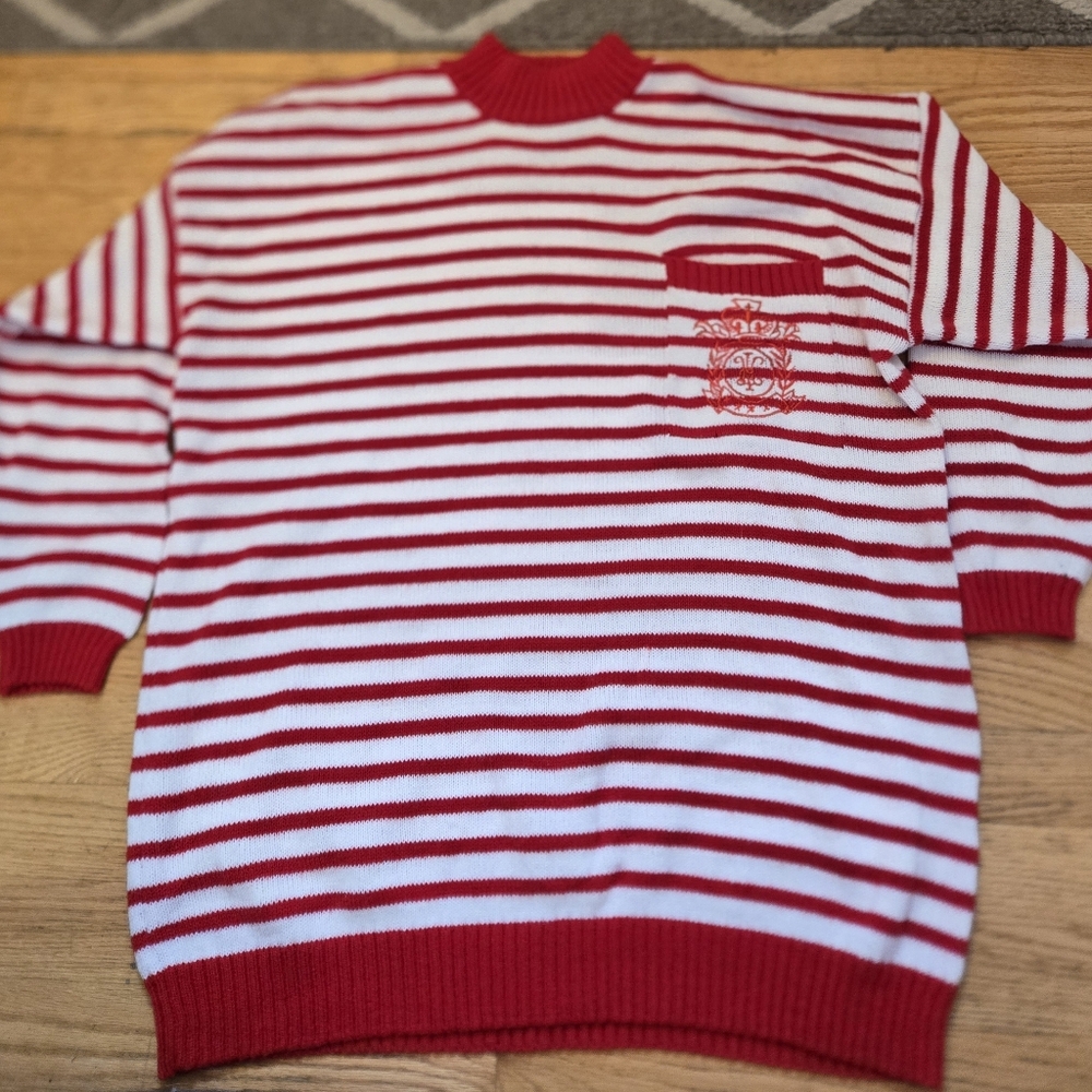 Vtg A'Milano Sweater Red And White Striped Soft Stretchy Pocket Women's One Size